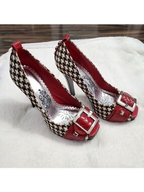 Naughty Monkey Red Houndstooth Studded Heels Size 6.5